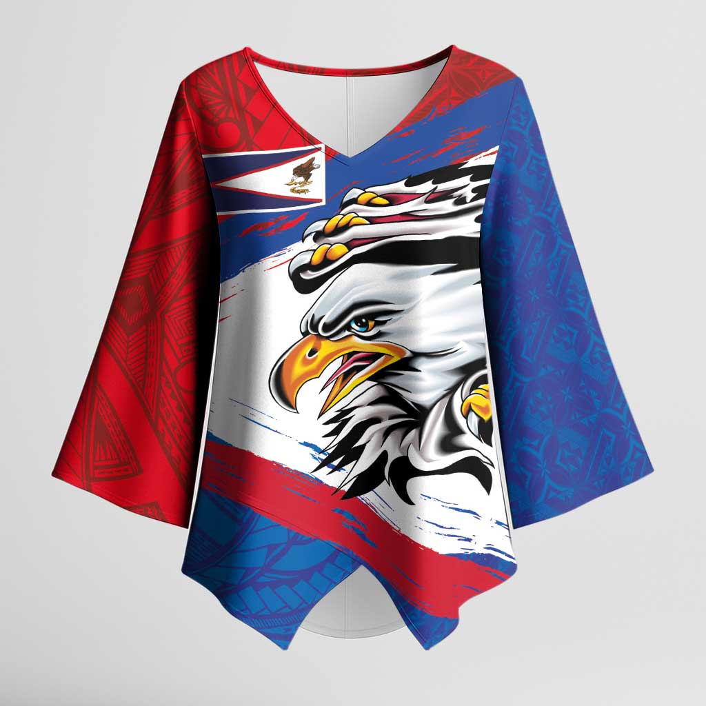 American Samoa Flag Day Kimono Sleeve Blouse Polynesian Art Geometric with Flag Brush Style