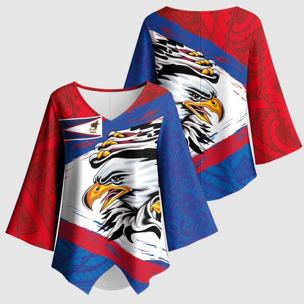 American Samoa Flag Day Kimono Sleeve Blouse Polynesian Art Geometric with Flag Brush Style