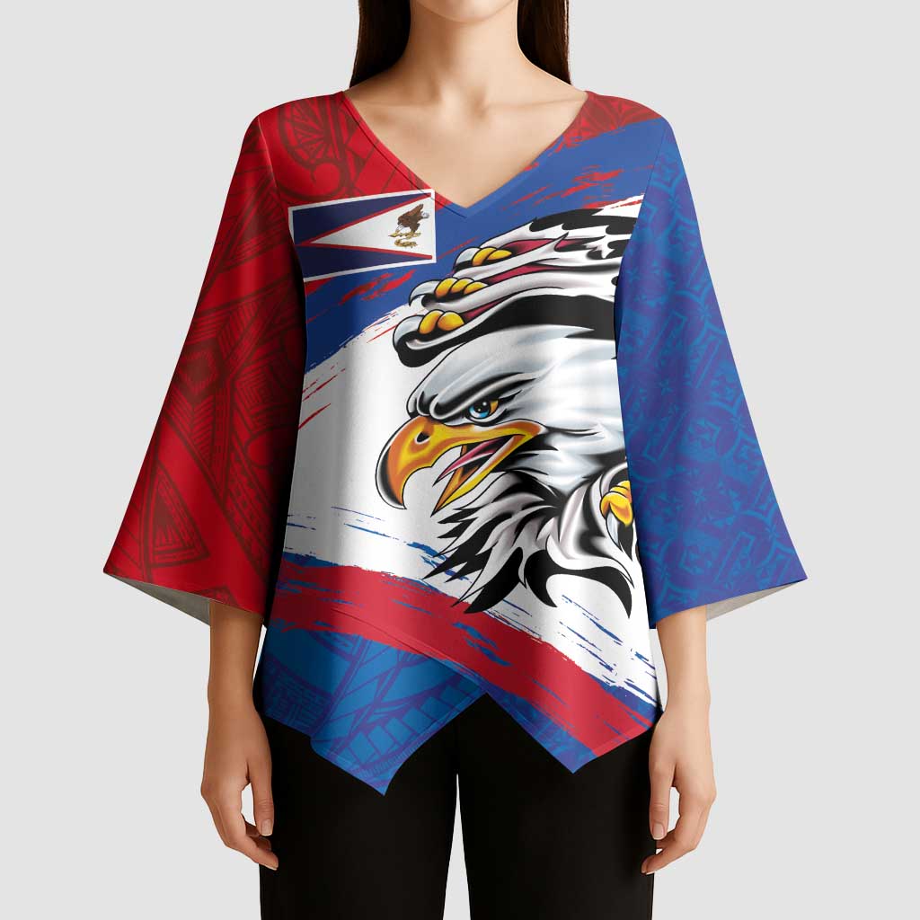American Samoa Flag Day Kimono Sleeve Blouse Polynesian Art Geometric with Flag Brush Style