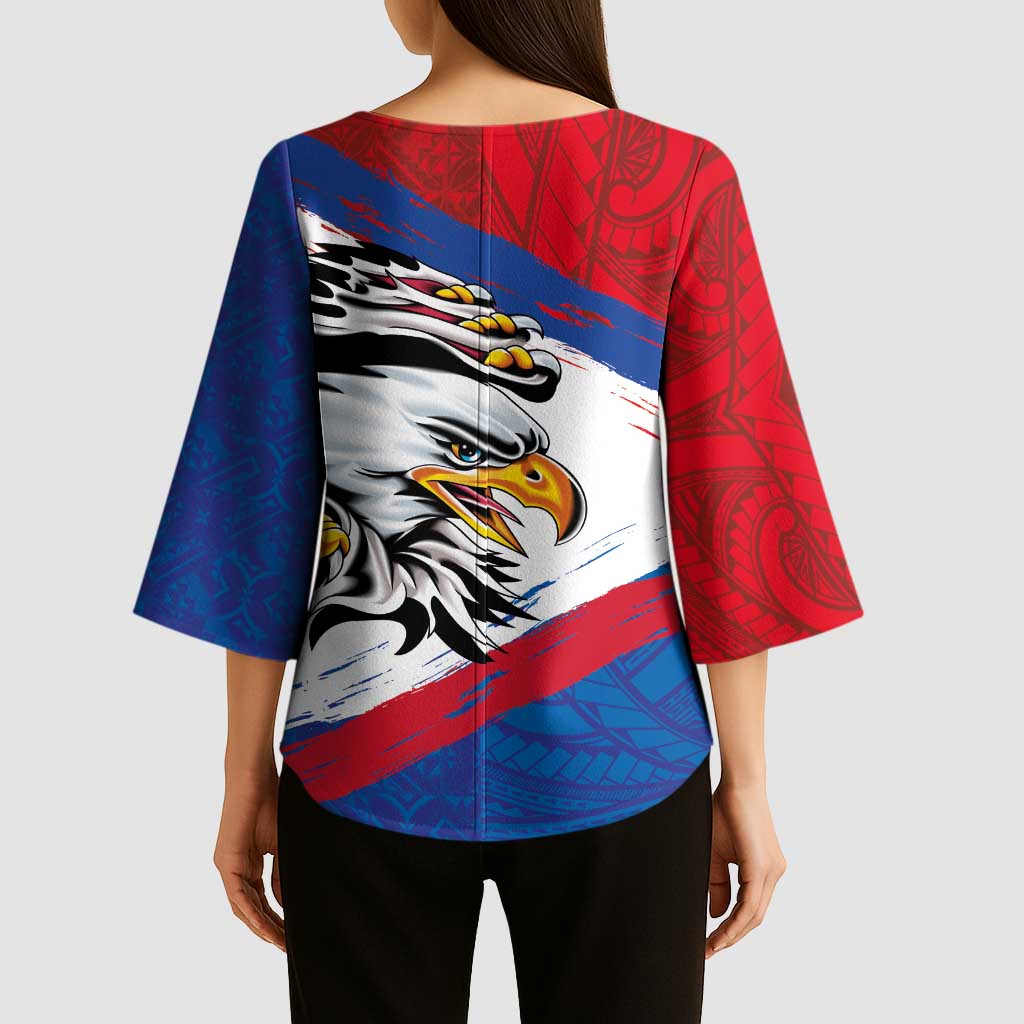 American Samoa Flag Day Kimono Sleeve Blouse Polynesian Art Geometric with Flag Brush Style