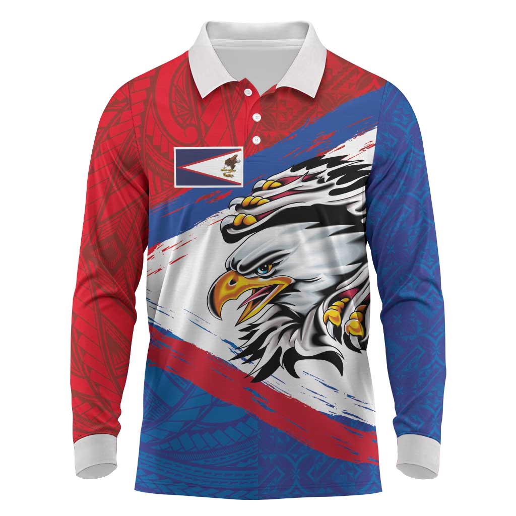 American Samoa Flag Day Long Sleeve Polo Shirt Polynesian Art Geometric with Flag Brush Style LT03 Multicolor - Polynesian Pride