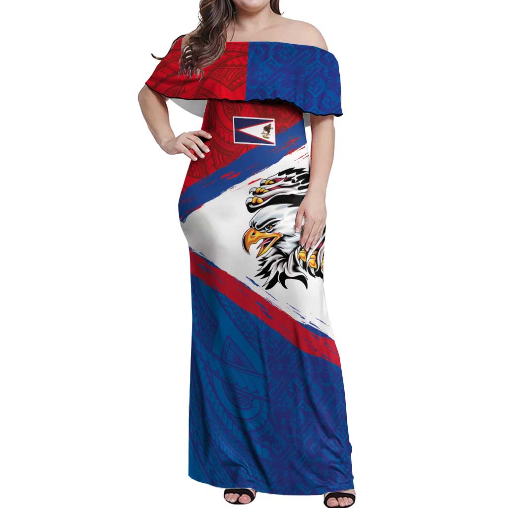 American Samoa Flag Day Off Shoulder Maxi Dress Polynesian Art Geometric with Flag Brush Style LT03 Women Multicolor - Polynesian Pride