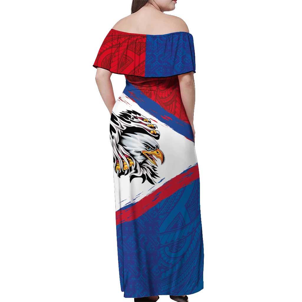 American Samoa Flag Day Off Shoulder Maxi Dress Polynesian Art Geometric with Flag Brush Style LT03 - Polynesian Pride