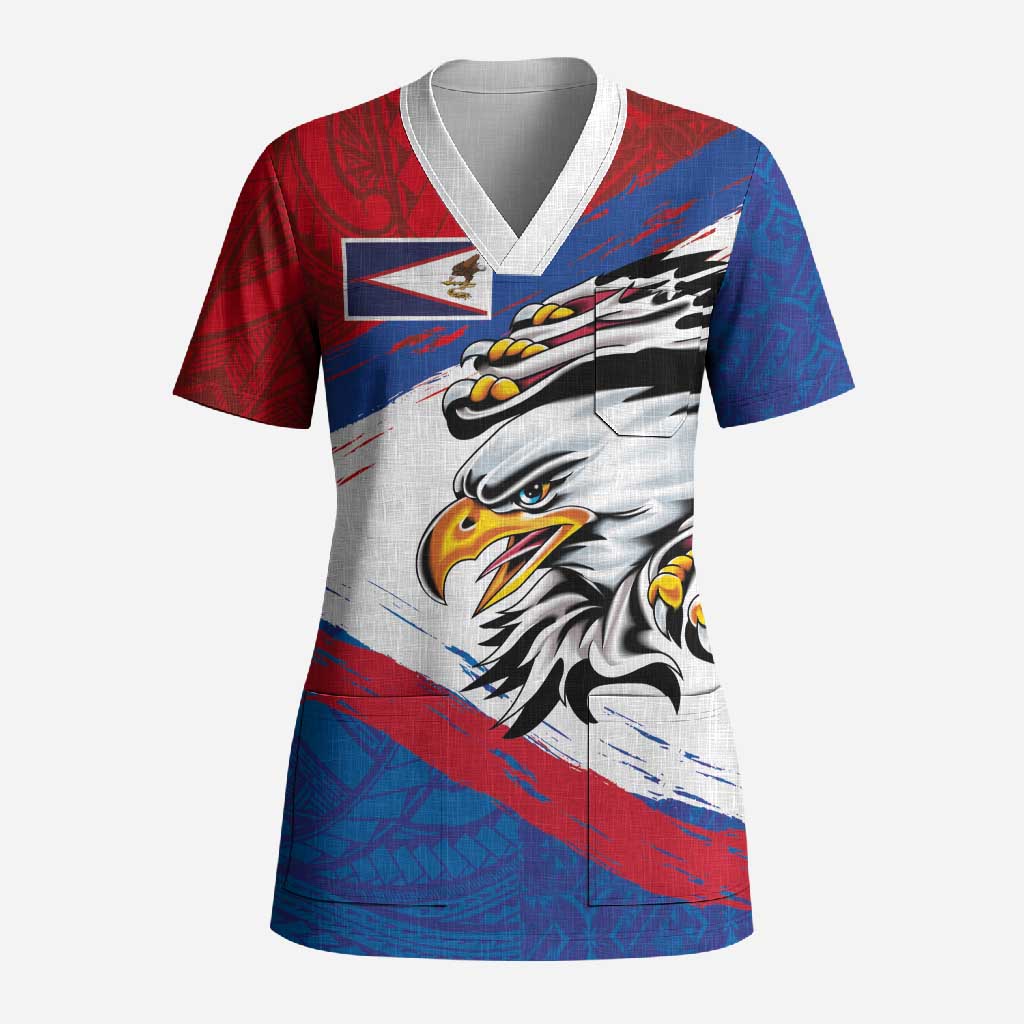 American Samoa Flag Day Scrub Top Polynesian Art Geometric with Flag Brush Style