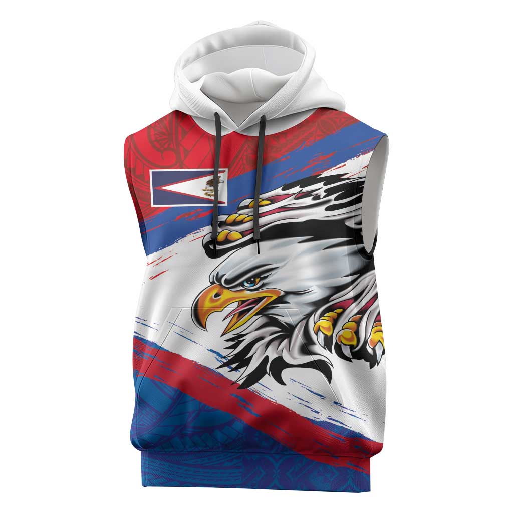 American Samoa Flag Day Sleeveless Hoodie Polynesian Art Geometric with Flag Brush Style