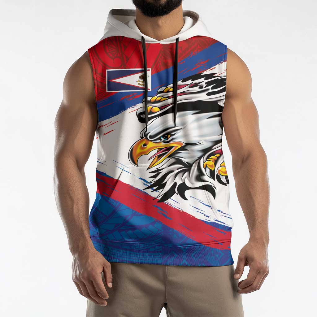 American Samoa Flag Day Sleeveless Hoodie Polynesian Art Geometric with Flag Brush Style