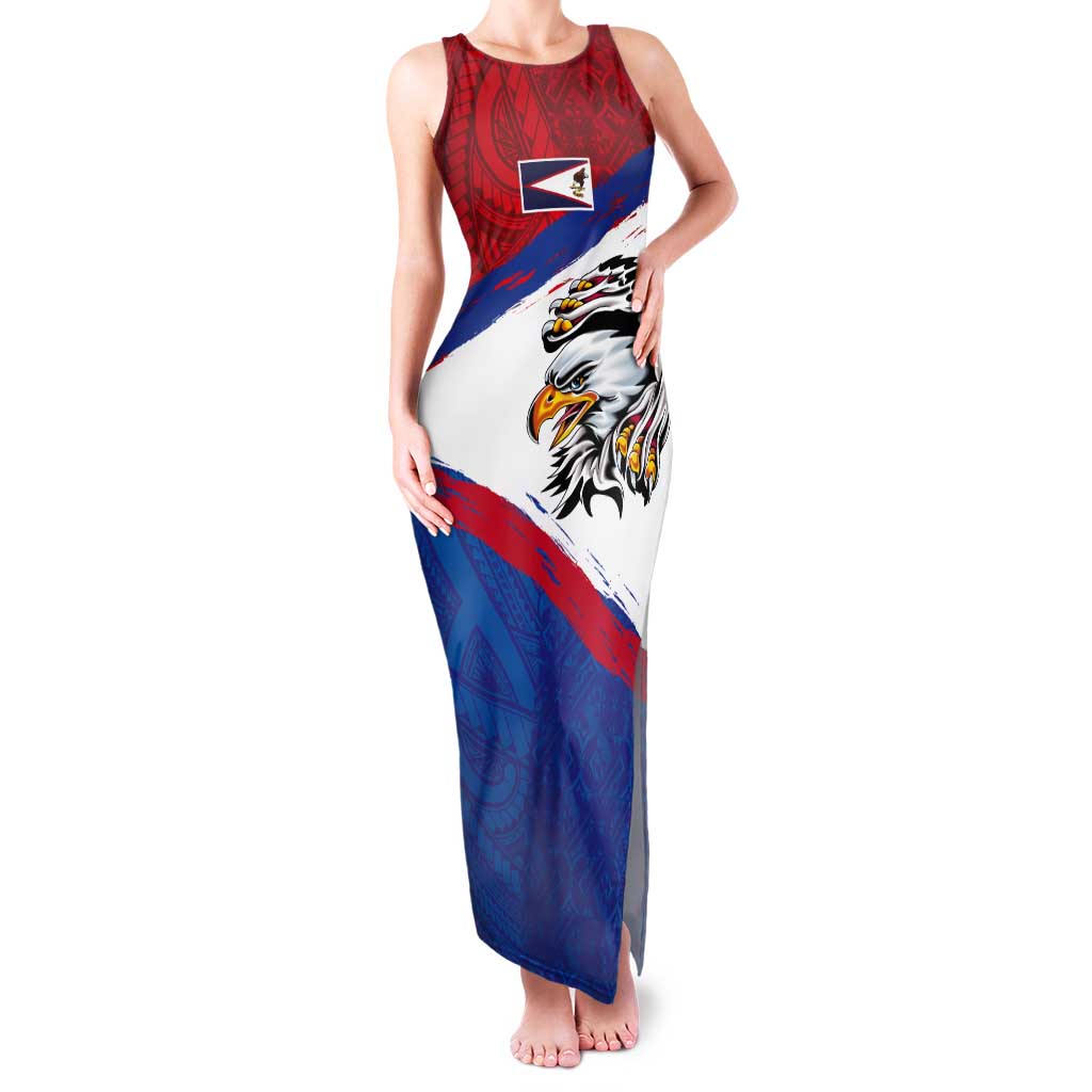 American Samoa Flag Day Tank Maxi Dress Polynesian Art Geometric with Flag Brush Style