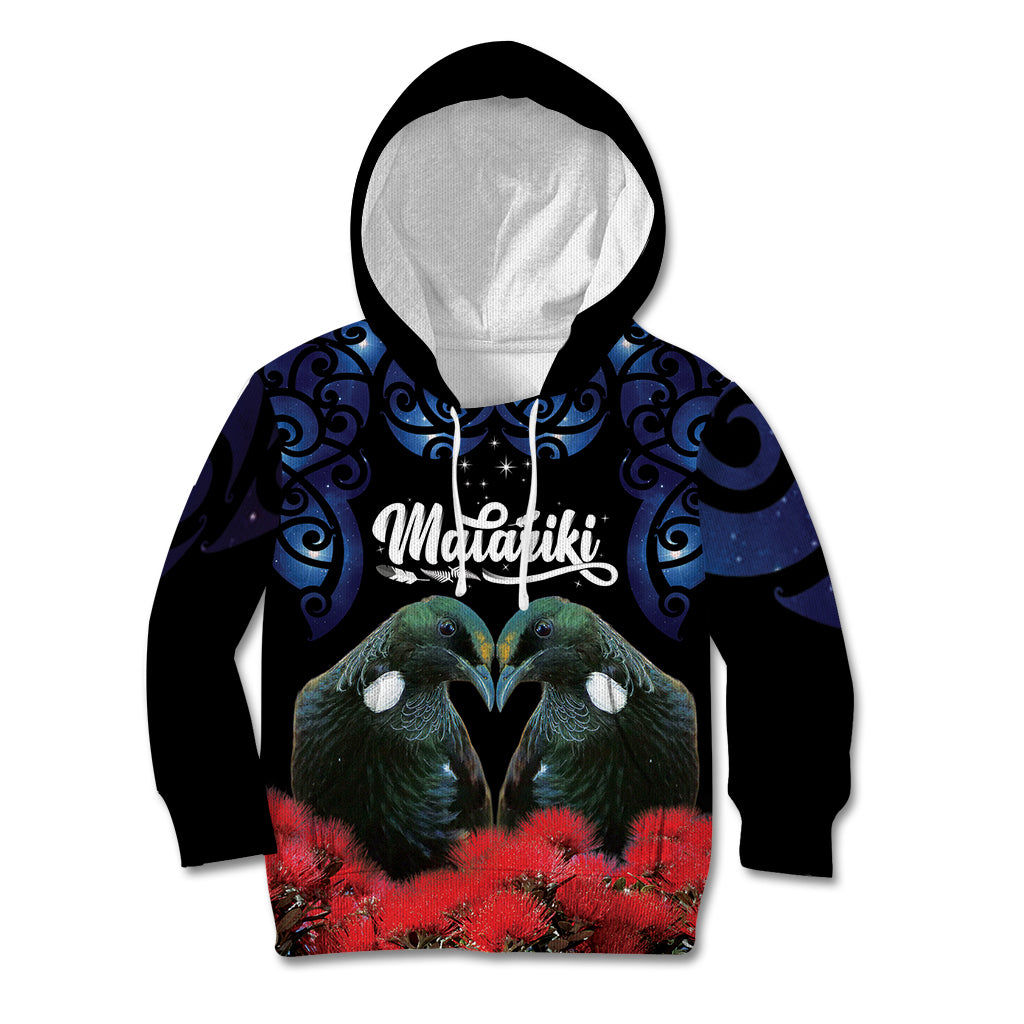 New Zealand Maori Matariki Kid Hoodie Hongi Tui Bird Pohutukawa and Polynesia Tribal