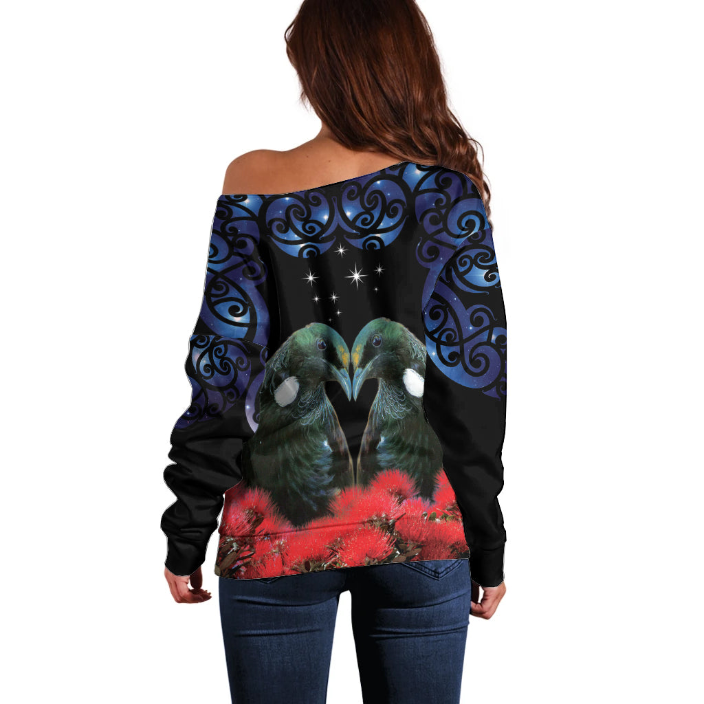 New Zealand Maori Matariki Off Shoulder Sweater Hongi Tui Bird Pohutukawa and Polynesia Tribal