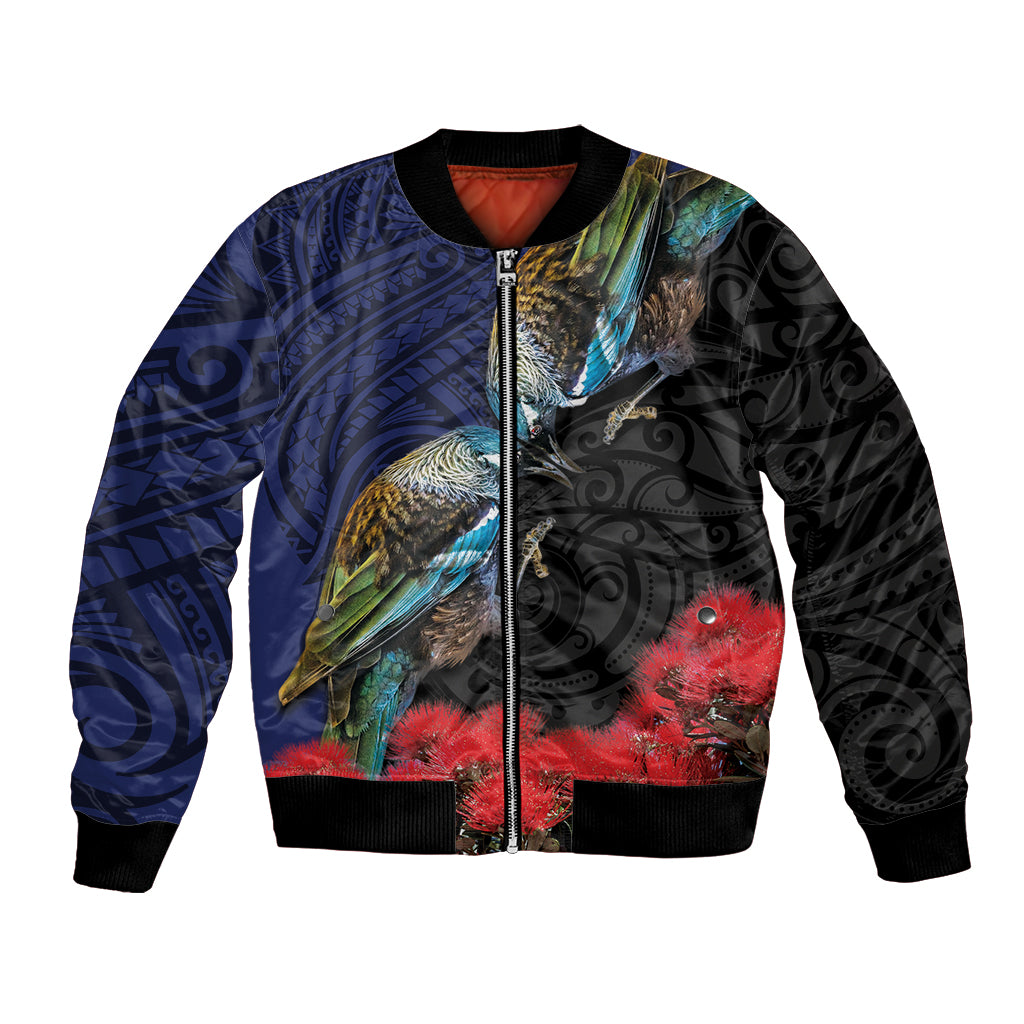 New Zealand Maori Hongi Culture Bomber Jacket Tui Bird Pohutukawa and Polynesian Pattern LT03 Unisex Blue - Polynesian Pride