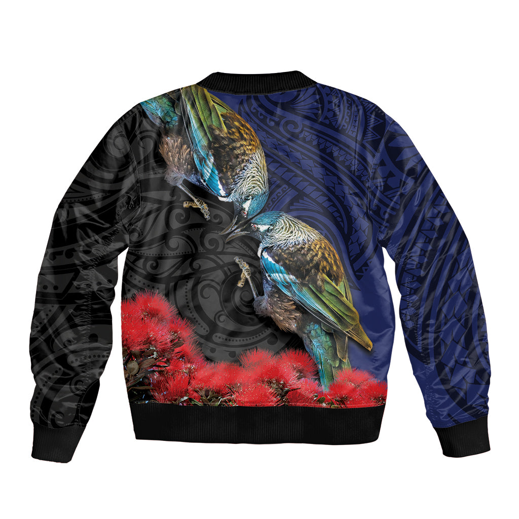 New Zealand Maori Hongi Culture Bomber Jacket Tui Bird Pohutukawa and Polynesian Pattern
