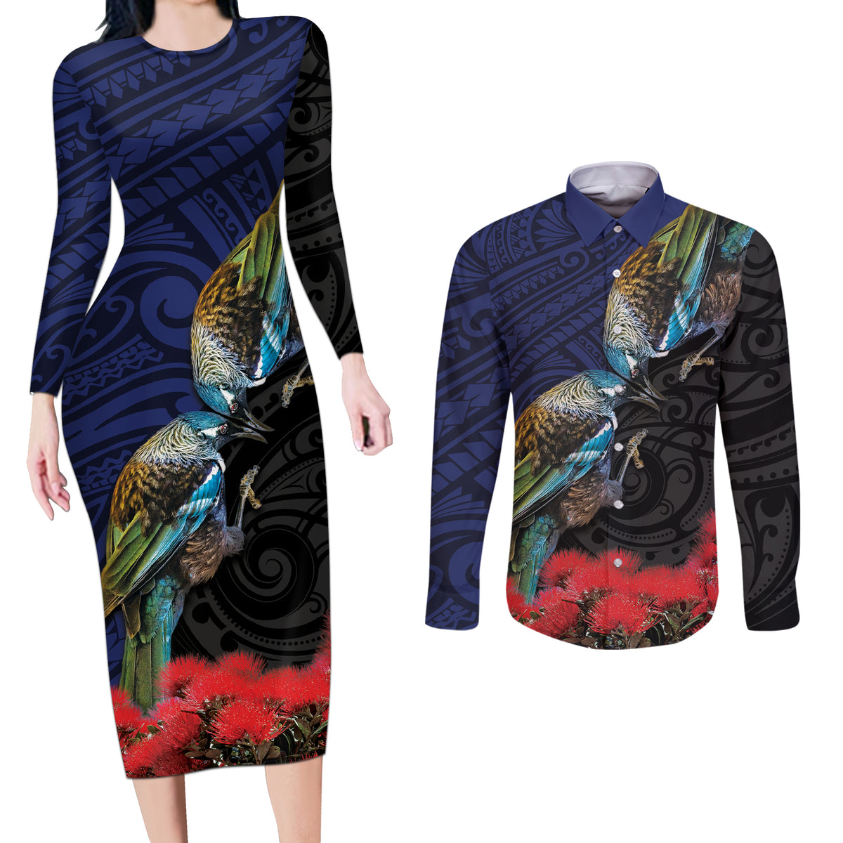 New Zealand Maori Hongi Culture Couples Matching Long Sleeve Bodycon Dress and Long Sleeve Button Shirt Tui Bird Pohutukawa and Polynesian Pattern