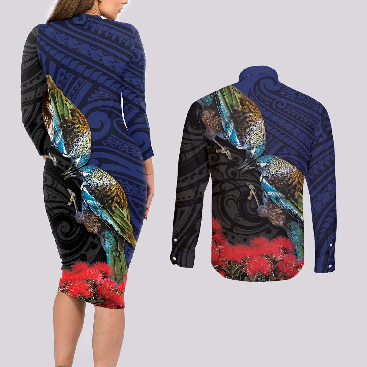 New Zealand Maori Hongi Culture Couples Matching Long Sleeve Bodycon Dress and Long Sleeve Button Shirt Tui Bird Pohutukawa and Polynesian Pattern