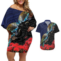 New Zealand Maori Hongi Culture Couples Matching Off Shoulder Short Dress and Hawaiian Shirt Tui Bird Pohutukawa and Polynesian Pattern