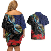 New Zealand Maori Hongi Culture Couples Matching Off Shoulder Short Dress and Hawaiian Shirt Tui Bird Pohutukawa and Polynesian Pattern
