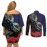 New Zealand Maori Hongi Culture Couples Matching Off Shoulder Short Dress and Long Sleeve Button Shirt Tui Bird Pohutukawa and Polynesian Pattern