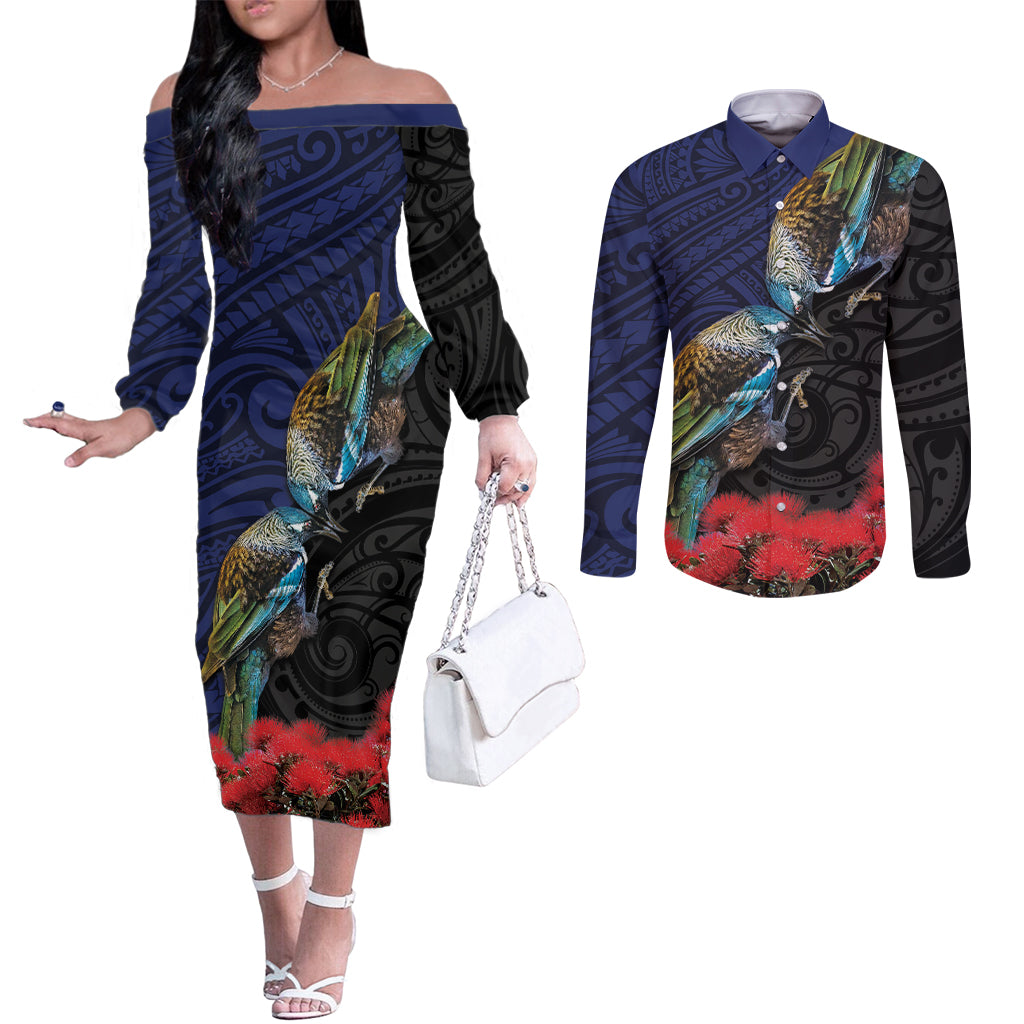 New Zealand Maori Hongi Culture Couples Matching Off The Shoulder Long Sleeve Dress and Long Sleeve Button Shirt Tui Bird Pohutukawa and Polynesian Pattern