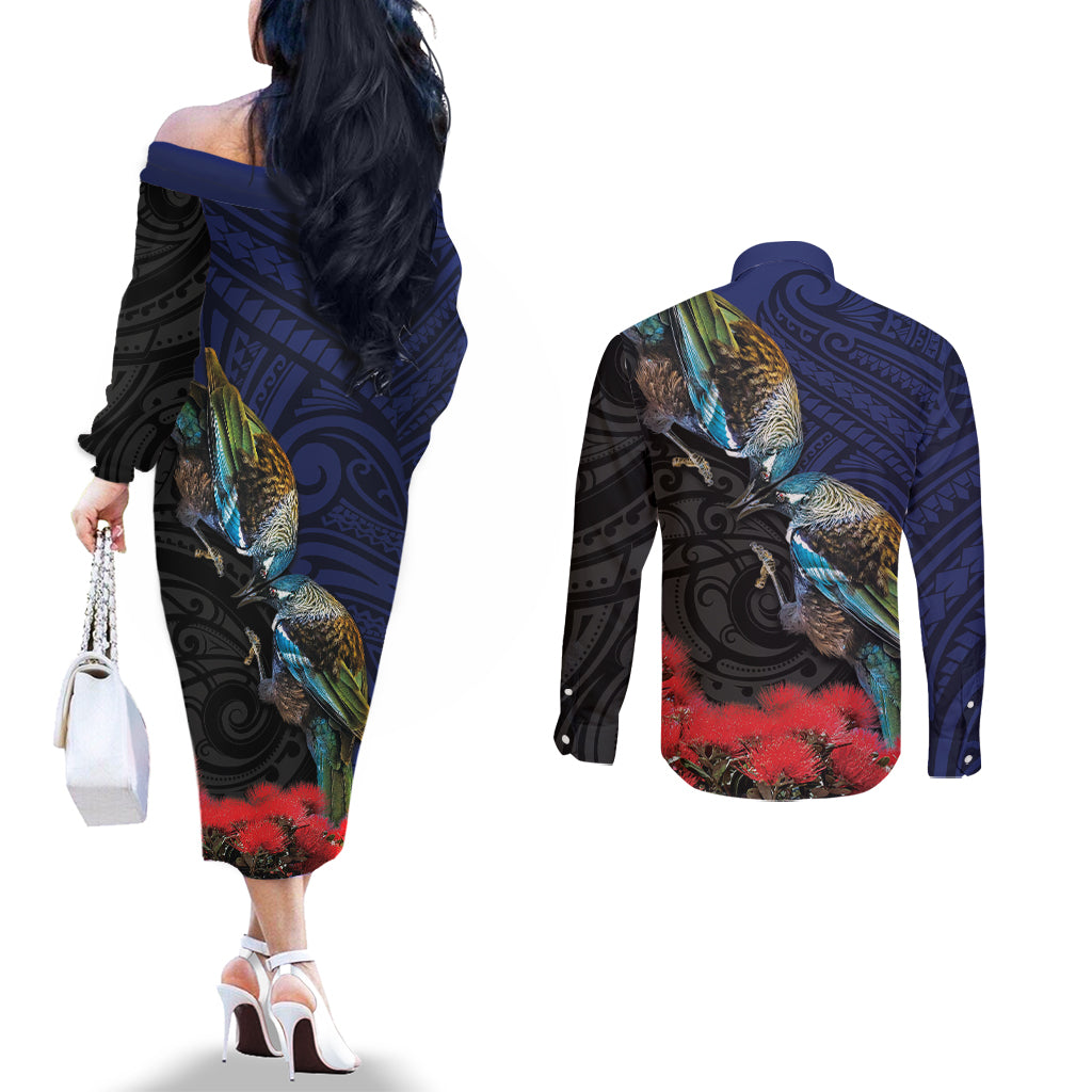 New Zealand Maori Hongi Culture Couples Matching Off The Shoulder Long Sleeve Dress and Long Sleeve Button Shirt Tui Bird Pohutukawa and Polynesian Pattern
