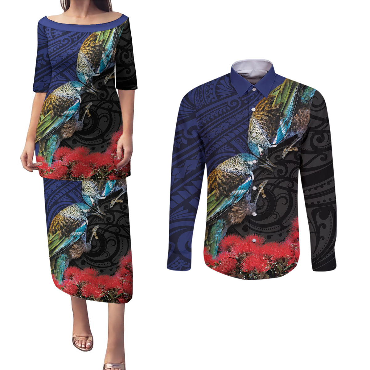 New Zealand Maori Hongi Culture Couples Matching Puletasi and Long Sleeve Button Shirt Tui Bird Pohutukawa and Polynesian Pattern