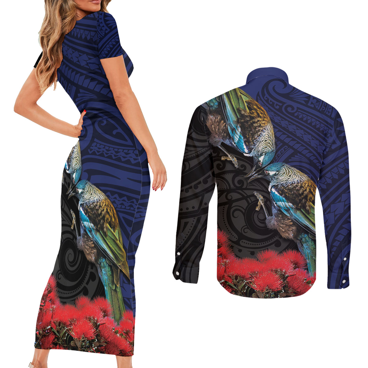 New Zealand Maori Hongi Culture Couples Matching Short Sleeve Bodycon Dress and Long Sleeve Button Shirt Tui Bird Pohutukawa and Polynesian Pattern