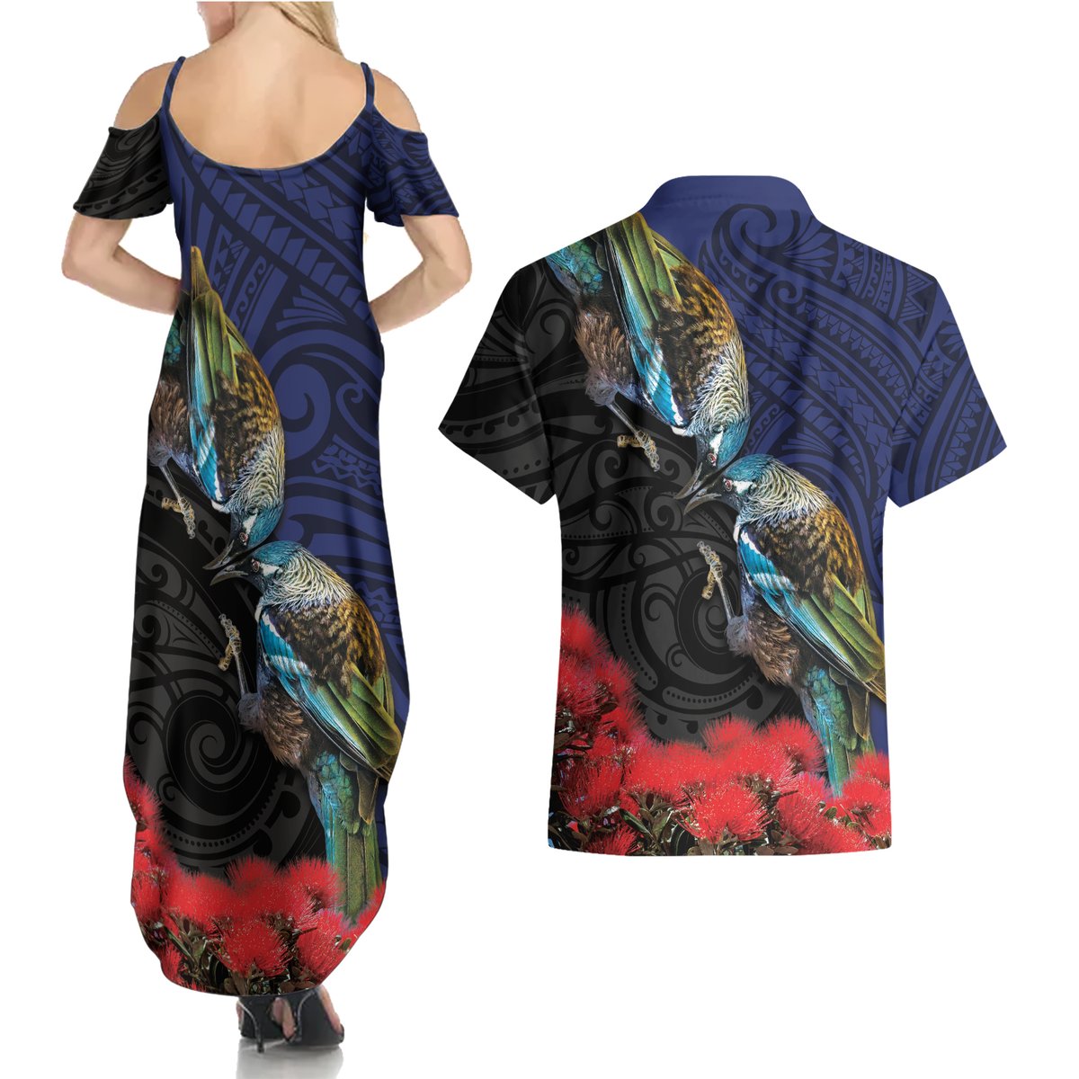 New Zealand Maori Hongi Culture Couples Matching Summer Maxi Dress and Hawaiian Shirt Tui Bird Pohutukawa and Polynesian Pattern