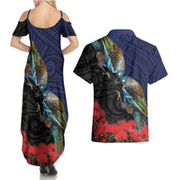 New Zealand Maori Hongi Culture Couples Matching Summer Maxi Dress and Hawaiian Shirt Tui Bird Pohutukawa and Polynesian Pattern