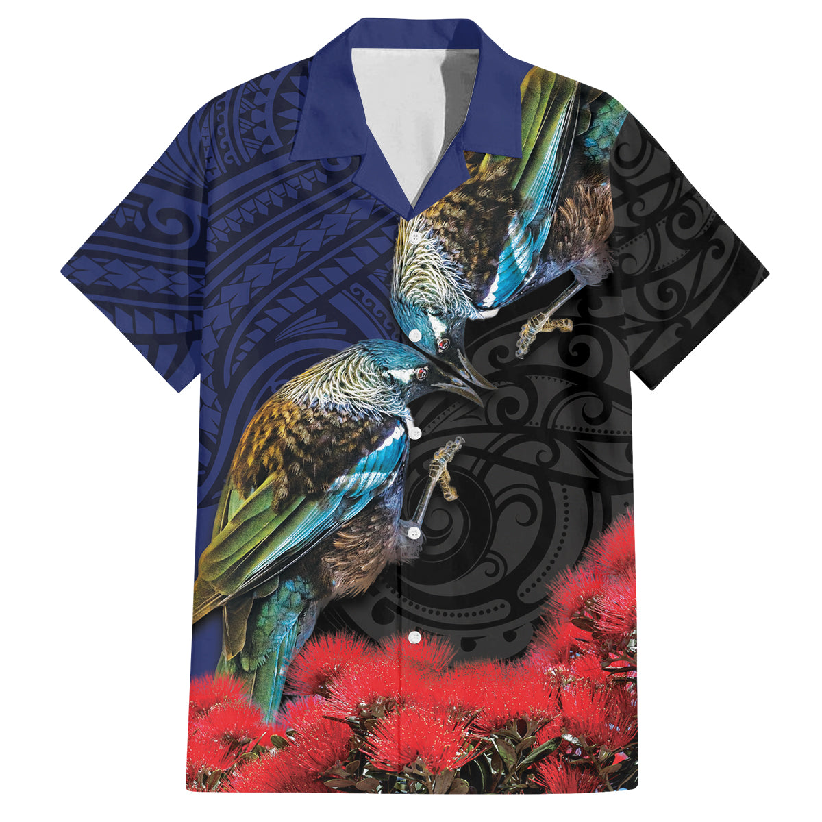 New Zealand Maori Hongi Culture Family Matching Off The Shoulder Long Sleeve Dress and Hawaiian Shirt Tui Bird Pohutukawa and Polynesian Pattern