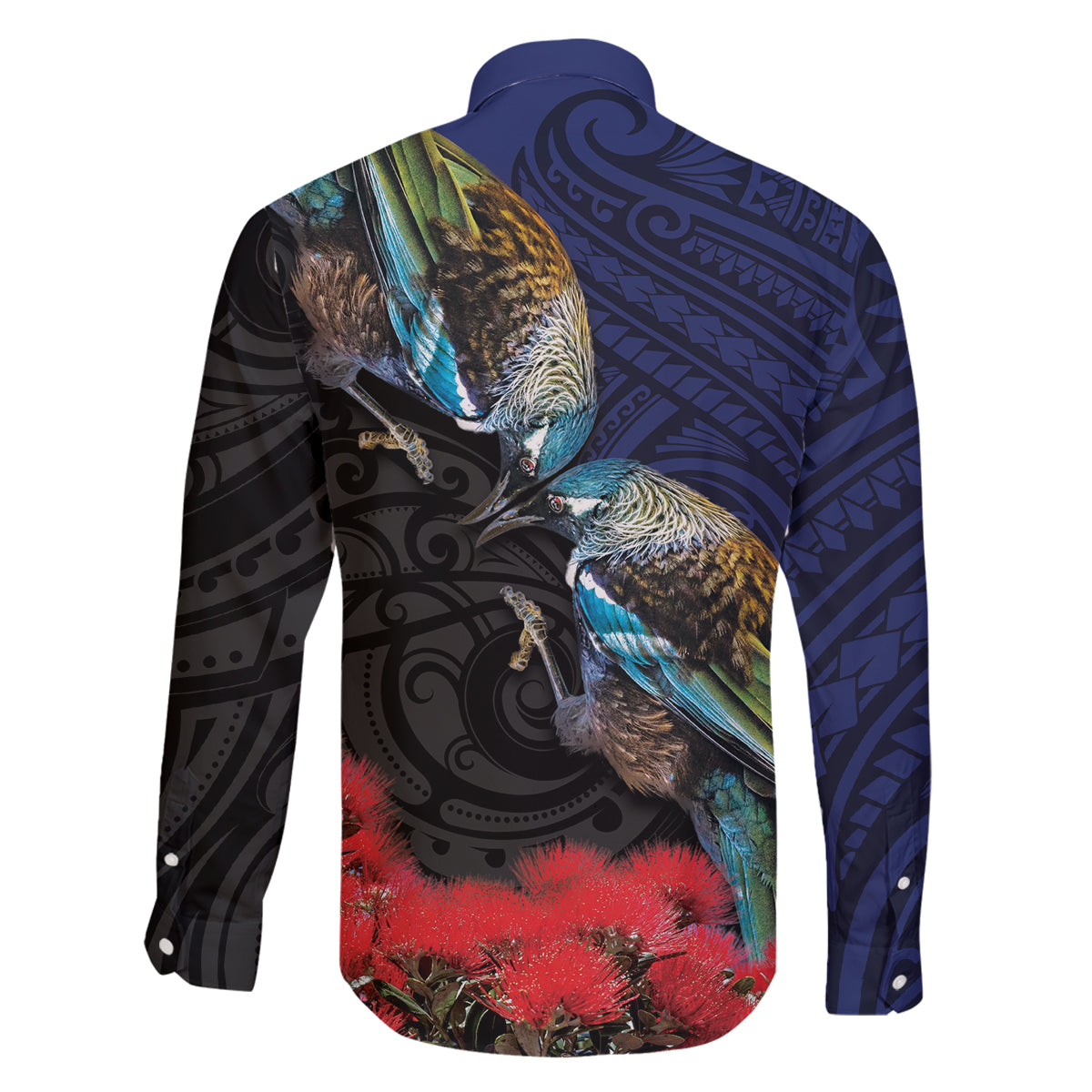 New Zealand Maori Hongi Culture Family Matching Off The Shoulder Long Sleeve Dress and Hawaiian Shirt Tui Bird Pohutukawa and Polynesian Pattern