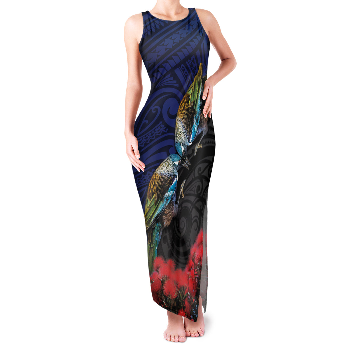 New Zealand Maori Hongi Culture Family Matching Tank Maxi Dress and Hawaiian Shirt Tui Bird Pohutukawa and Polynesian Pattern
