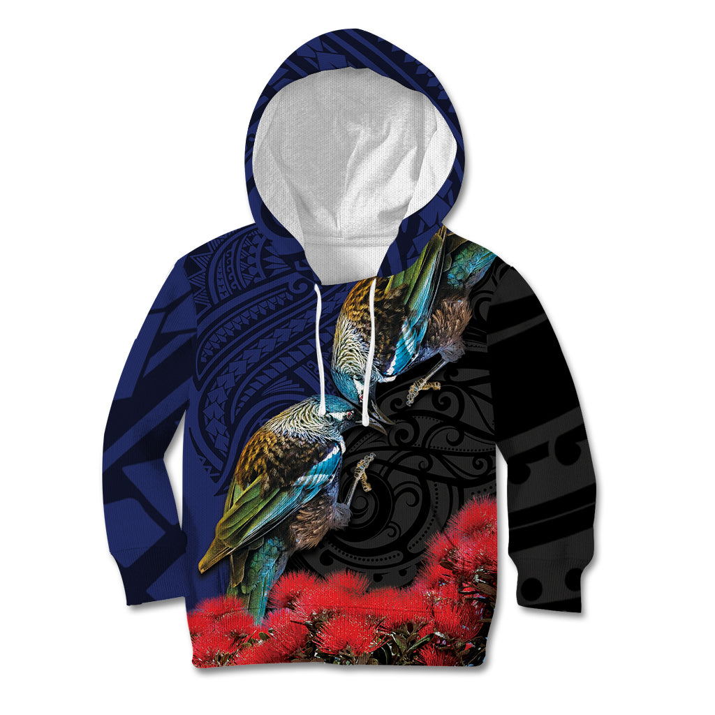 New Zealand Maori Hongi Culture Kid Hoodie Tui Bird Pohutukawa and Polynesian Pattern