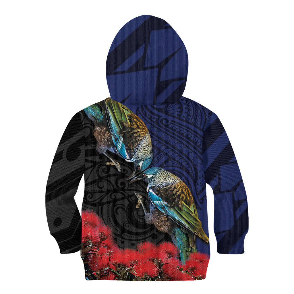 New Zealand Maori Hongi Culture Kid Hoodie Tui Bird Pohutukawa and Polynesian Pattern