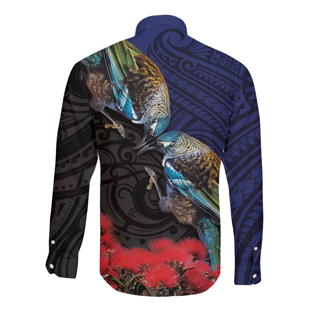 New Zealand Maori Hongi Culture Long Sleeve Button Shirt Tui Bird Pohutukawa and Polynesian Pattern