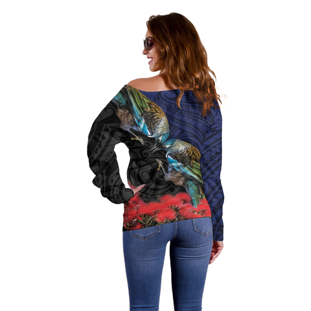 New Zealand Maori Hongi Culture Off Shoulder Sweater Tui Bird Pohutukawa and Polynesian Pattern