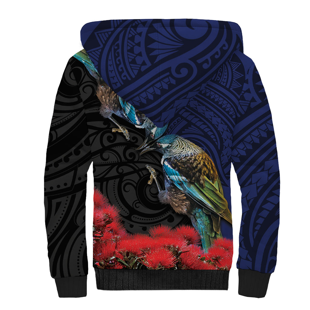 New Zealand Maori Hongi Culture Sherpa Hoodie Tui Bird Pohutukawa and Polynesian Pattern
