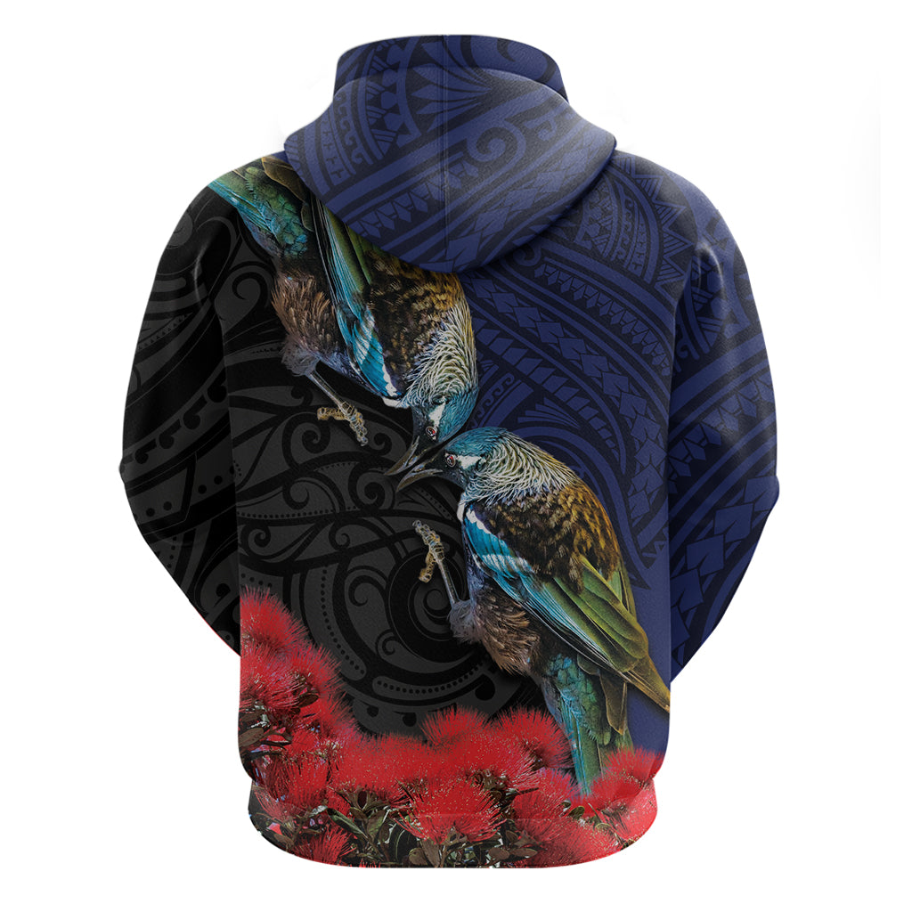 New Zealand Maori Hongi Culture Zip Hoodie Tui Bird Pohutukawa and Polynesian Pattern