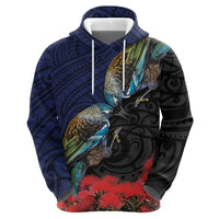New Zealand Maori Hongi Culture Zip Hoodie Tui Bird Pohutukawa and Polynesian Pattern