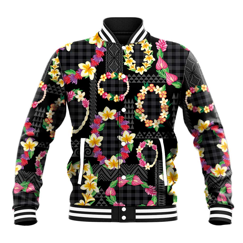 Hawaiian Kakau Tattoo Leis and Palaka Pattern Baseball Jacket Traditional Aloha Tribal Black Color LT03 Unisex Black - Polynesian Pride