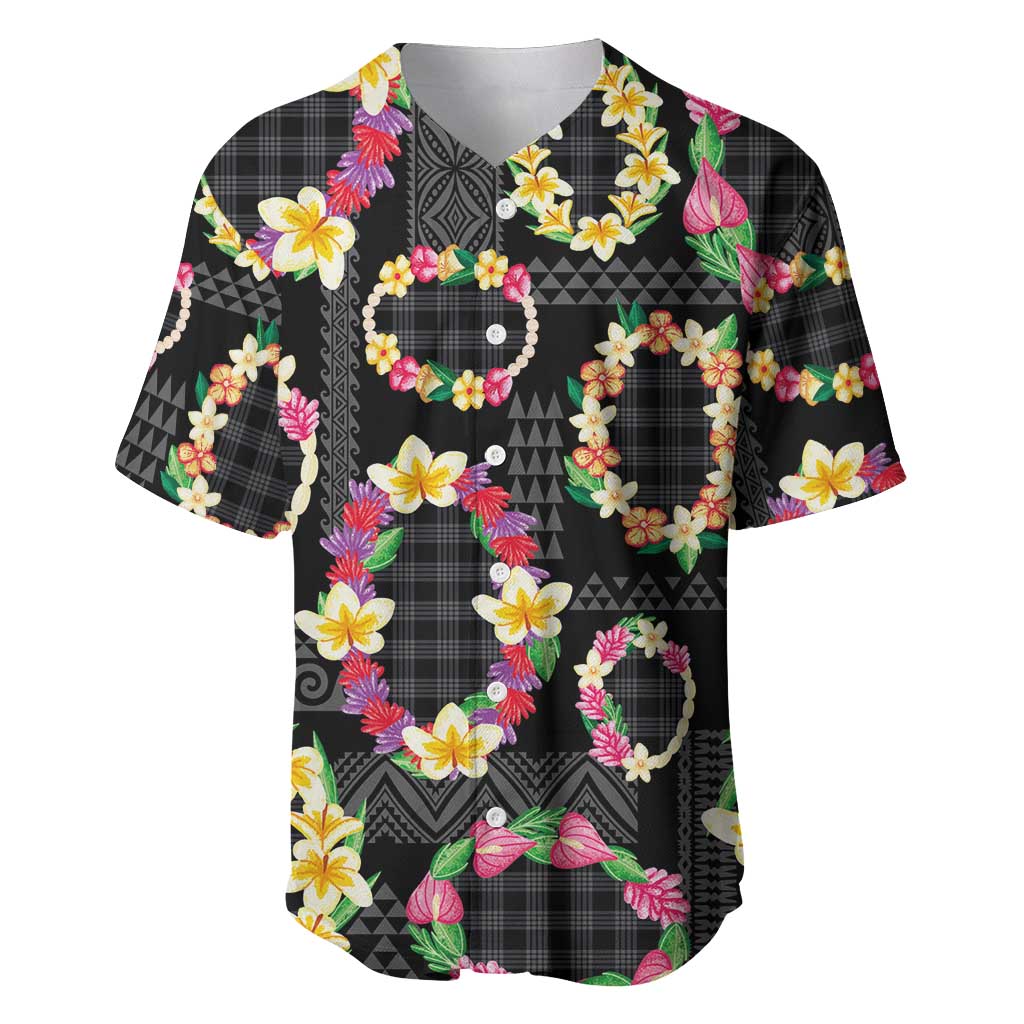 Hawaiian Kakau Tattoo Leis and Palaka Pattern Baseball Jersey Traditional Aloha Tribal Black Color LT03 Black - Polynesian Pride