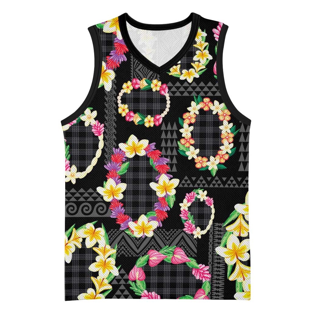 Hawaiian Kakau Tattoo Leis and Palaka Pattern Basketball Jersey Traditional Aloha Tribal Black Color LT03 Unisex Black - Polynesian Pride