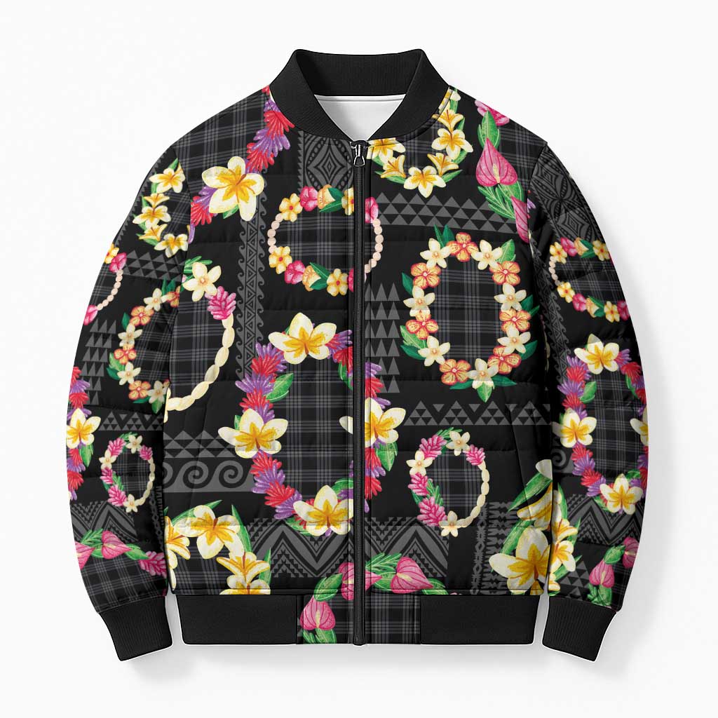 Hawaiian Kakau Tattoo Leis and Palaka Pattern Bomber Puffer Jacket Traditional Aloha Tribal Black Color LT03 Unisex Black - Polynesian Pride