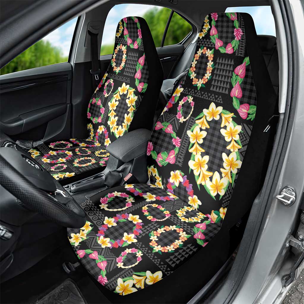 Hawaiian Kakau Tattoo Leis and Palaka Pattern Car Seat Cover Traditional Aloha Tribal Black Color