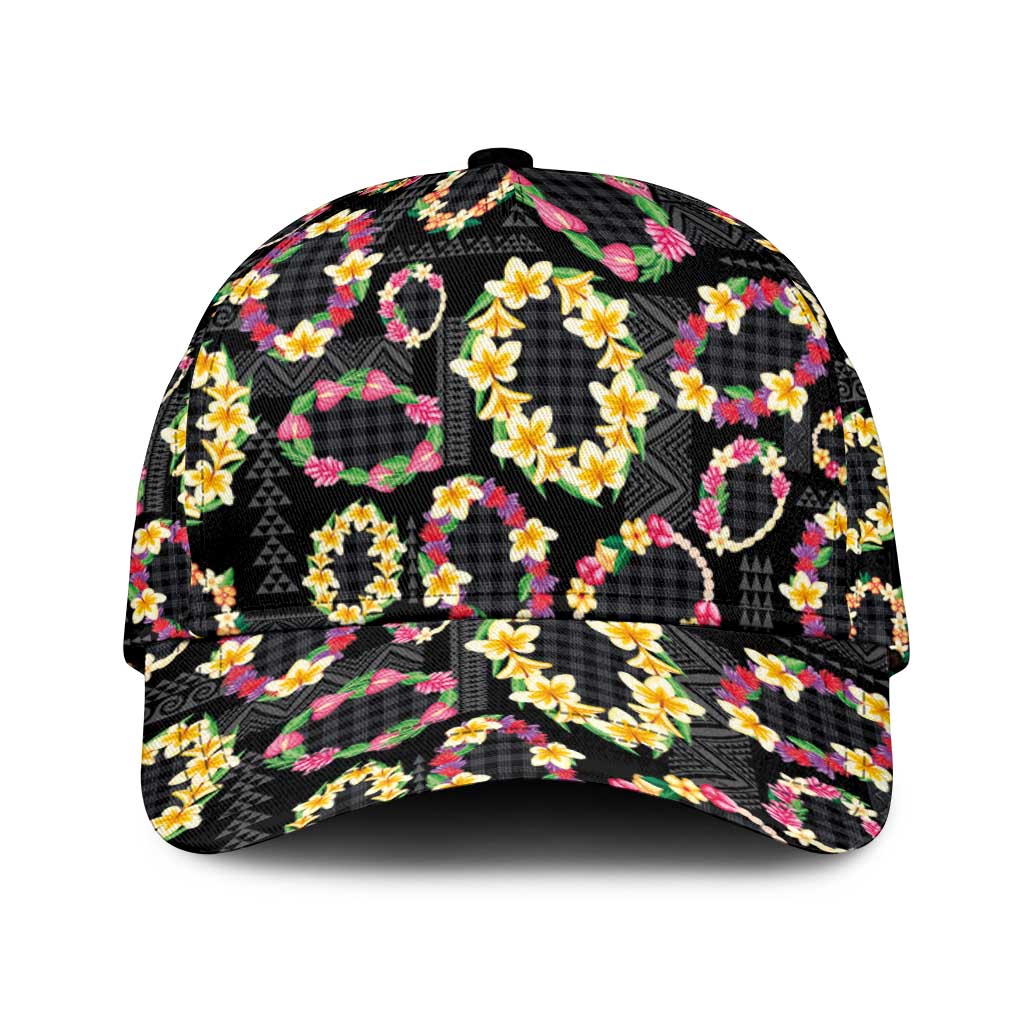 Hawaiian Kakau Tattoo Leis and Palaka Pattern Classic Cap Traditional Aloha Tribal Black Color LT03 Universal Fit Black - Polynesian Pride