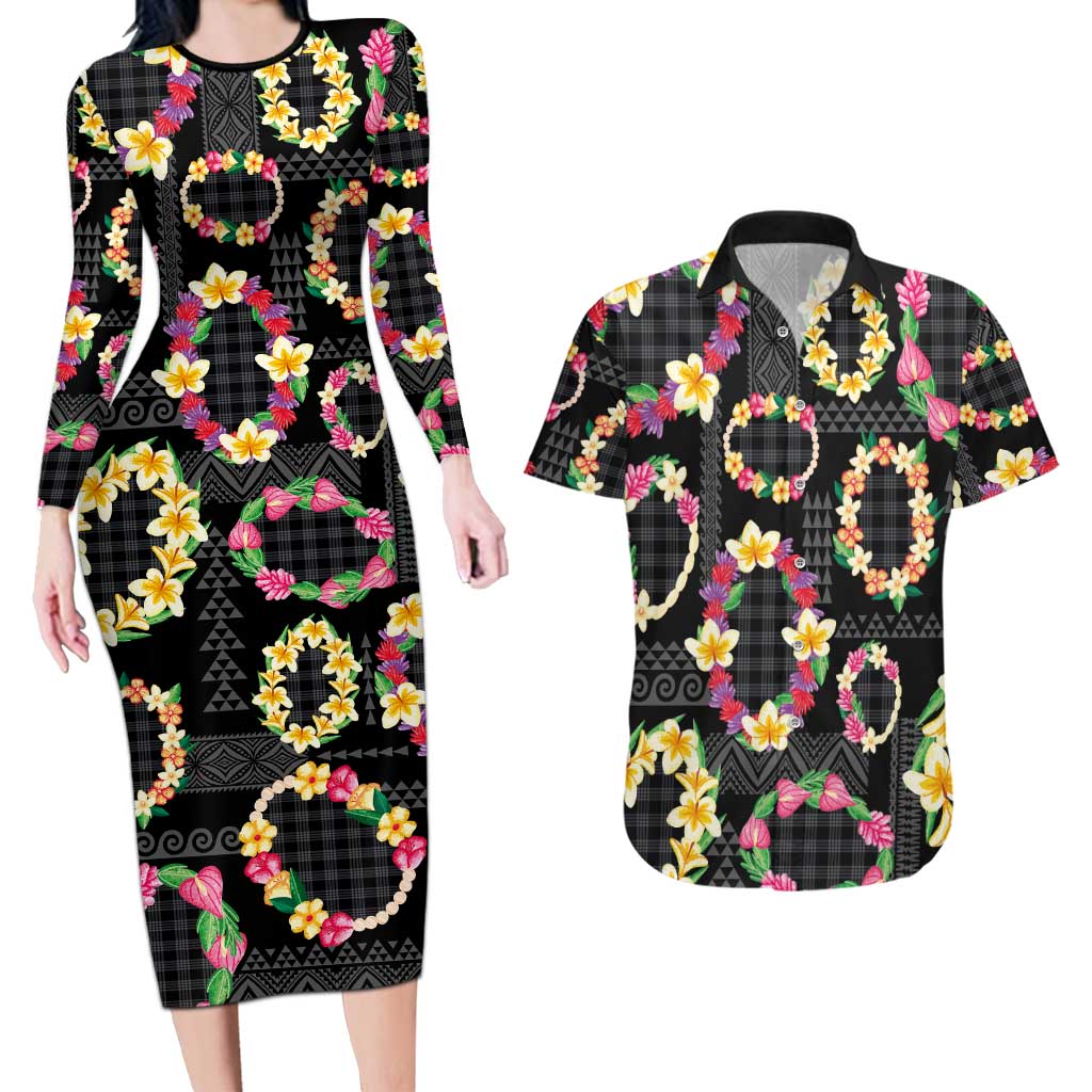 Hawaiian Kakau Tattoo Leis and Palaka Pattern Couples Matching Long Sleeve Bodycon Dress and Hawaiian Shirt Traditional Aloha Tribal Black Color