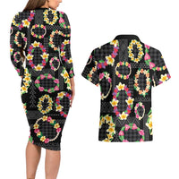 Hawaiian Kakau Tattoo Leis and Palaka Pattern Couples Matching Long Sleeve Bodycon Dress and Hawaiian Shirt Traditional Aloha Tribal Black Color