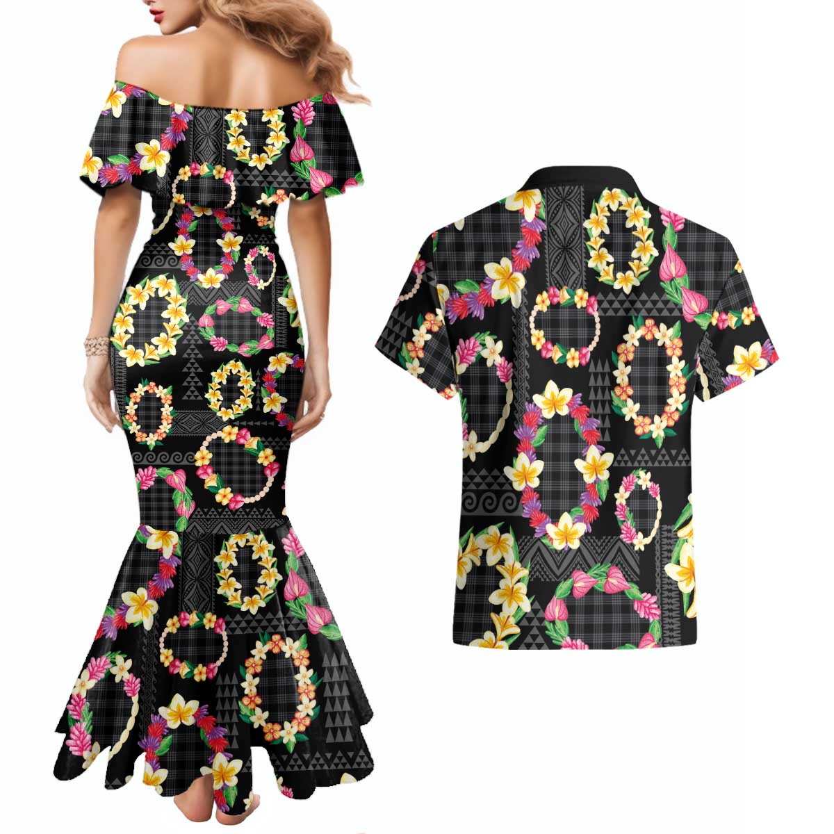 Hawaiian Kakau Tattoo Leis and Palaka Pattern Couples Matching Mermaid Dress and Hawaiian Shirt Traditional Aloha Tribal Black Color