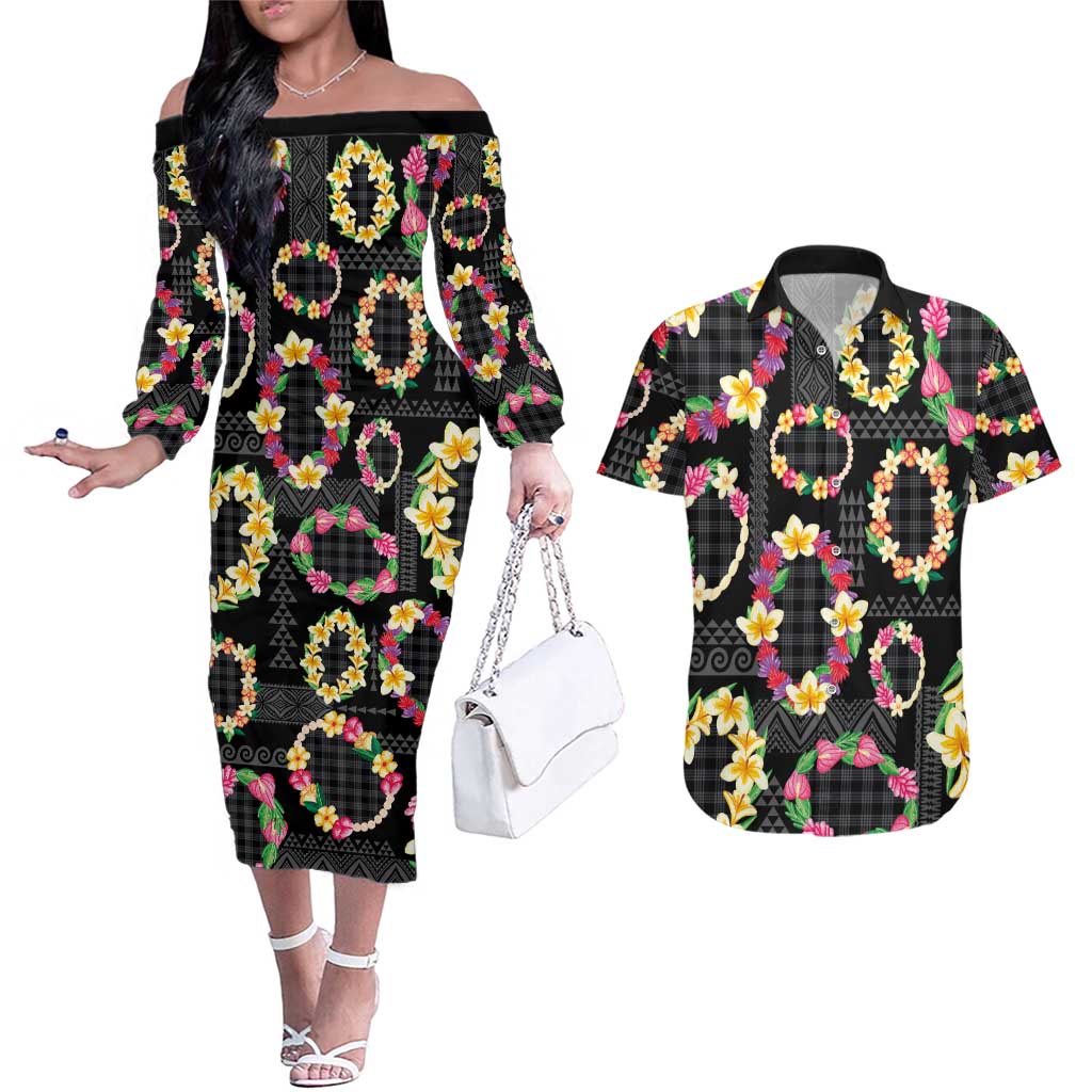 Hawaiian Kakau Tattoo Leis and Palaka Pattern Couples Matching Off The Shoulder Long Sleeve Dress and Hawaiian Shirt Traditional Aloha Tribal Black Color