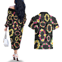 Hawaiian Kakau Tattoo Leis and Palaka Pattern Couples Matching Off The Shoulder Long Sleeve Dress and Hawaiian Shirt Traditional Aloha Tribal Black Color