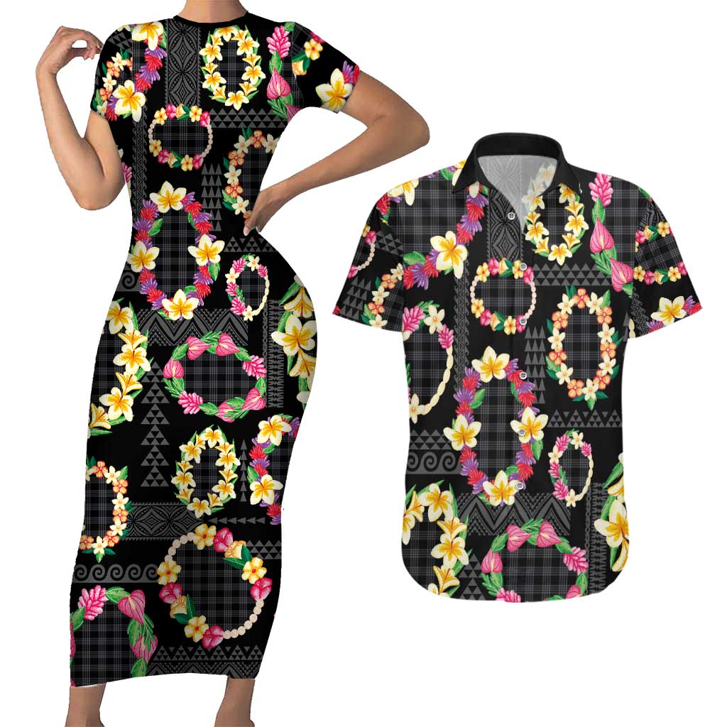 Hawaiian Kakau Tattoo Leis and Palaka Pattern Couples Matching Short Sleeve Bodycon Dress and Hawaiian Shirt Traditional Aloha Tribal Black Color LT03 Black - Polynesian Pride