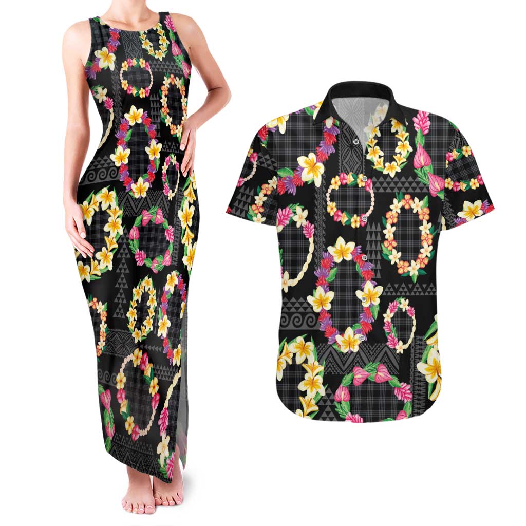 Hawaiian Kakau Tattoo Leis and Palaka Pattern Couples Matching Tank Maxi Dress and Hawaiian Shirt Traditional Aloha Tribal Black Color