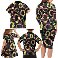 Hawaiian Kakau Tattoo Leis and Palaka Pattern Family Matching Long Sleeve Bodycon Dress and Hawaiian Shirt Traditional Aloha Tribal Black Color